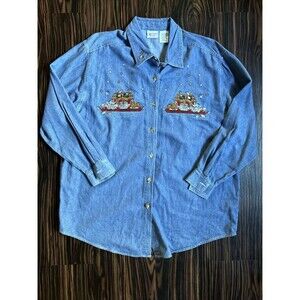 Vintage 90s Noah’s Arc Embroidered Button Down Denim Shirt Size 18 W
